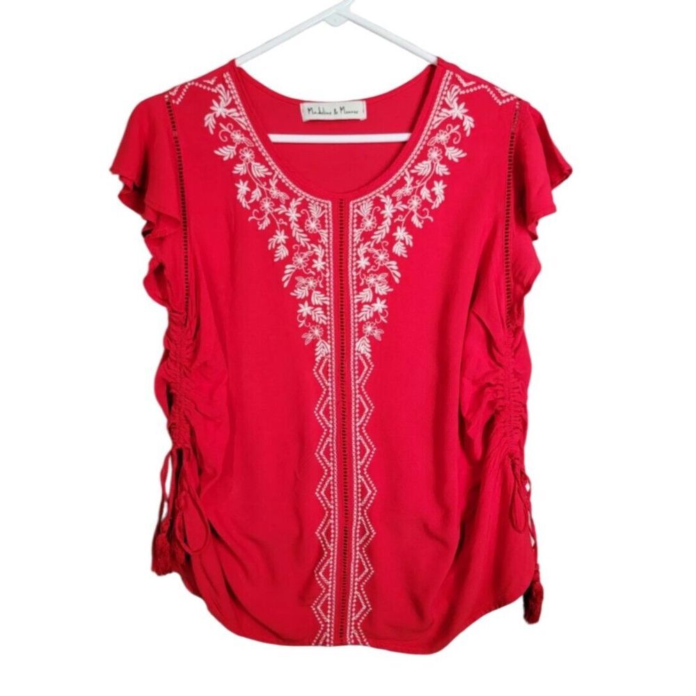 Time True Blouse Woman Small Red Embroidered Ruched  Flutter Sleeve Ruffled Boho